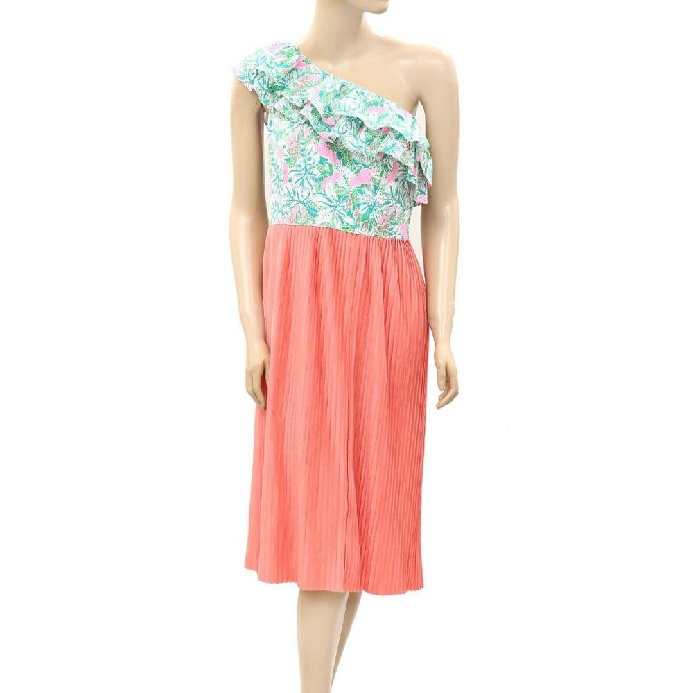 Lilly Pulitzer Floral Print Smocked Ruffle Dress One Shoulder Resort S-6